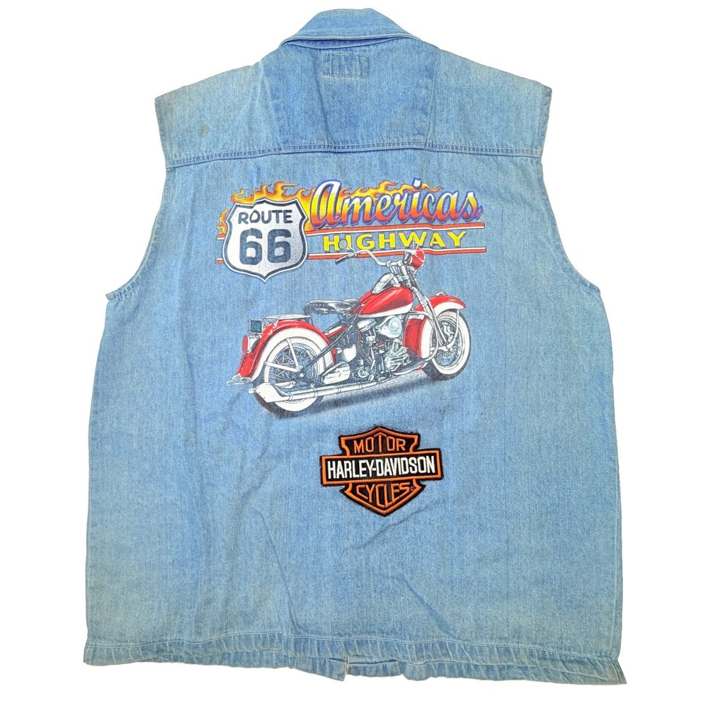 Vintage Impact Denim Biker Vest Harley Davidson Route 66 Patches Motorcycle